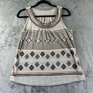 Sonoma Blouse Women's M White Black Orange Gray Geometric Print Beaded Neckline